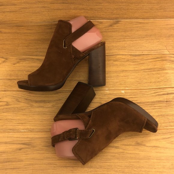 Frye Dani Shield Sling Peep Toe Ankle leather suede cognac tan Booties, 9.5 - Picture 2 of 16